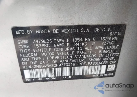 2015 Honda Fit Ex/Ex-L from USA, damaged, VIN 3HGGK5H82FM770319